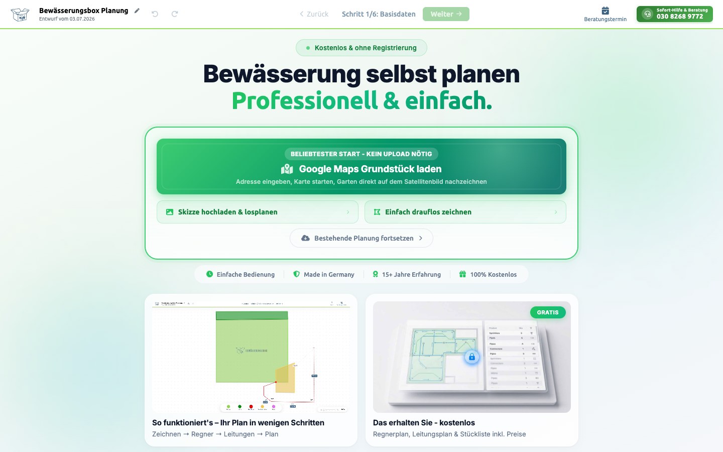 Online-Planer mit geladenem Satellitenbild des Grundstücks