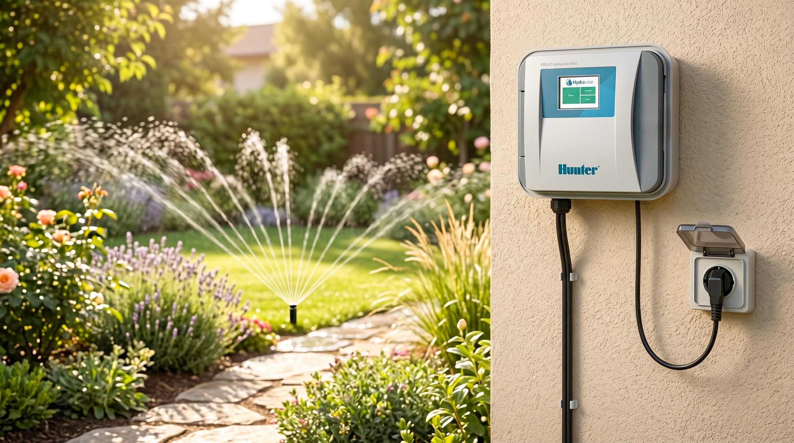 Hunter Bewässerungssteuerung am Wasseranschluss im Garten