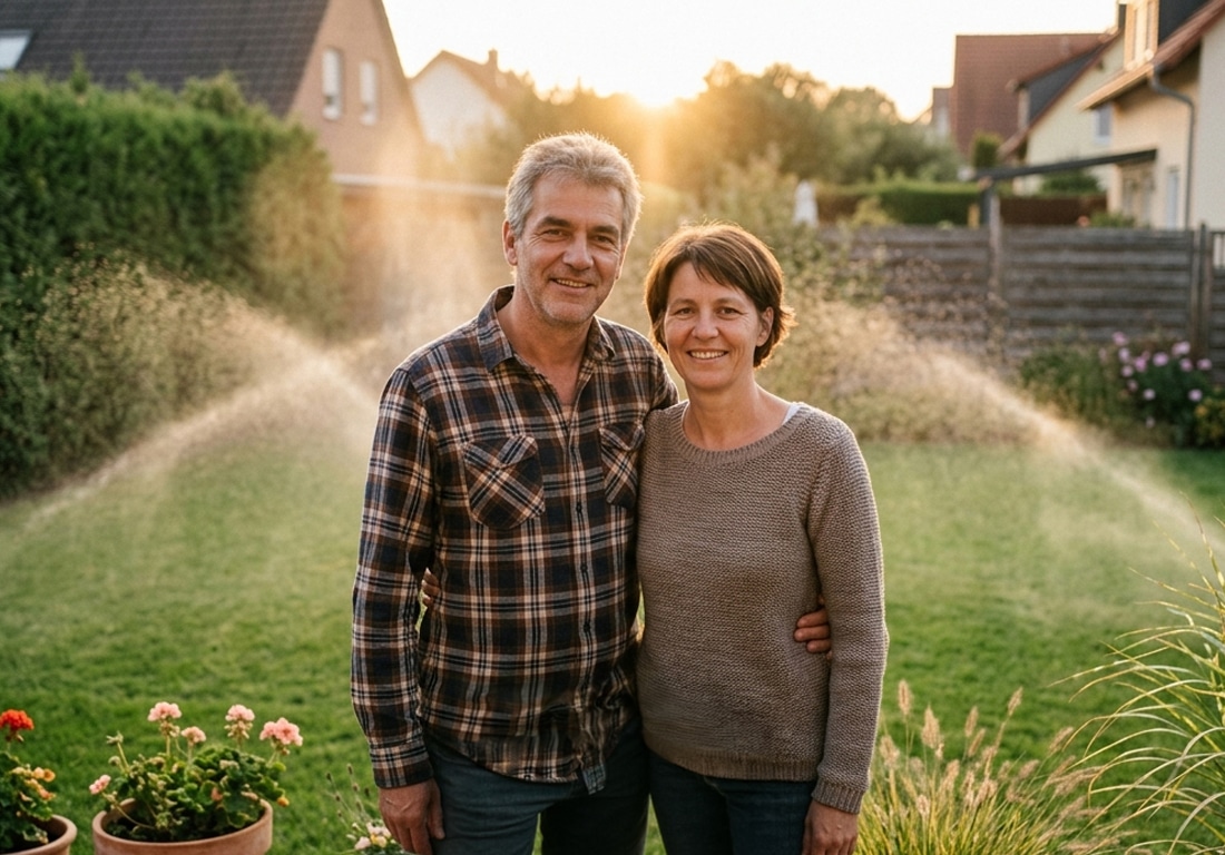 Familie Berger genießt den fertig bewässerten Garten